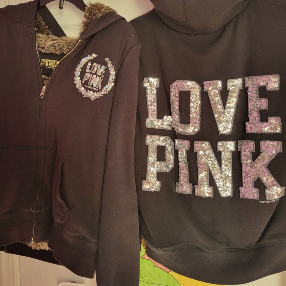 Victorias secret pink 2 fur bling hoodies rare htf